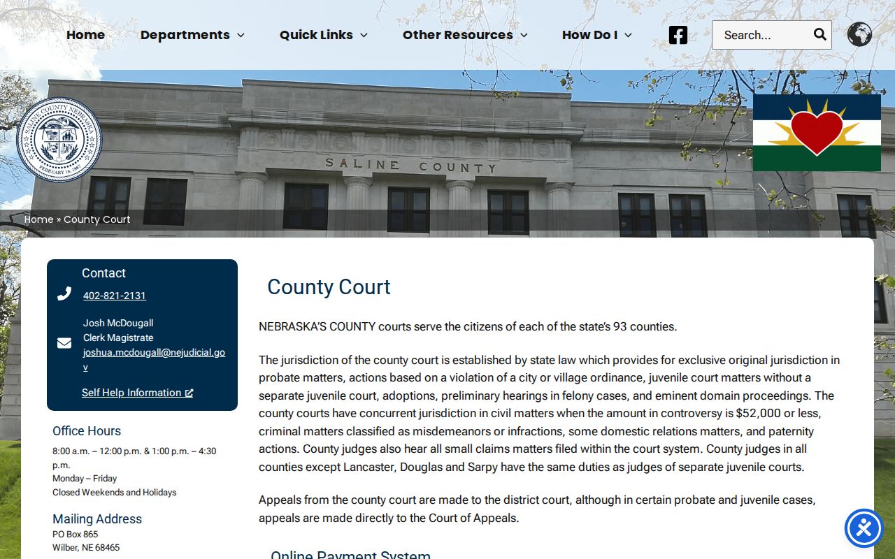 Saline County criminal court case jurisdiction and County Court contact