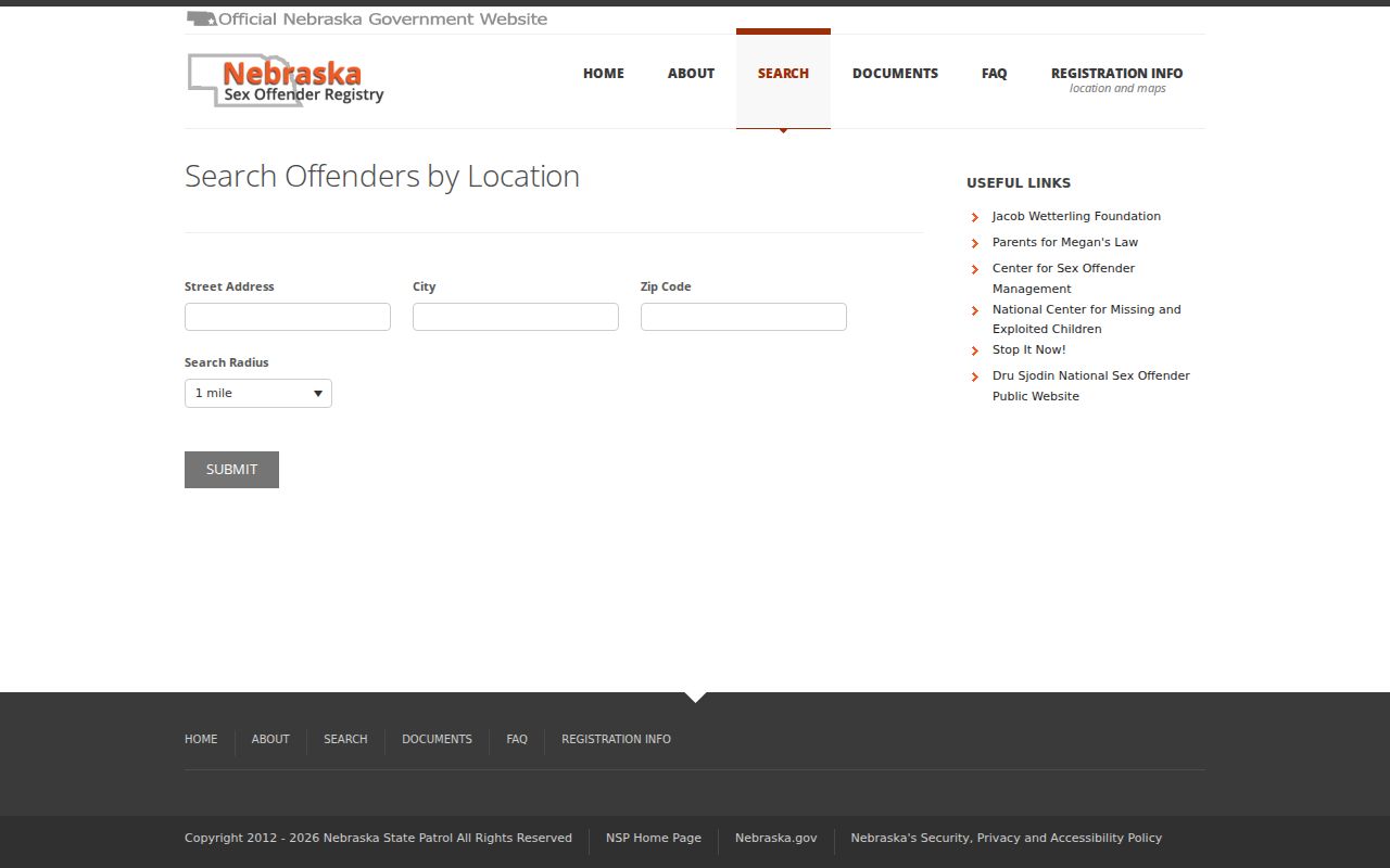 Nebraska registry address and radius fields for a Saline County proximity search