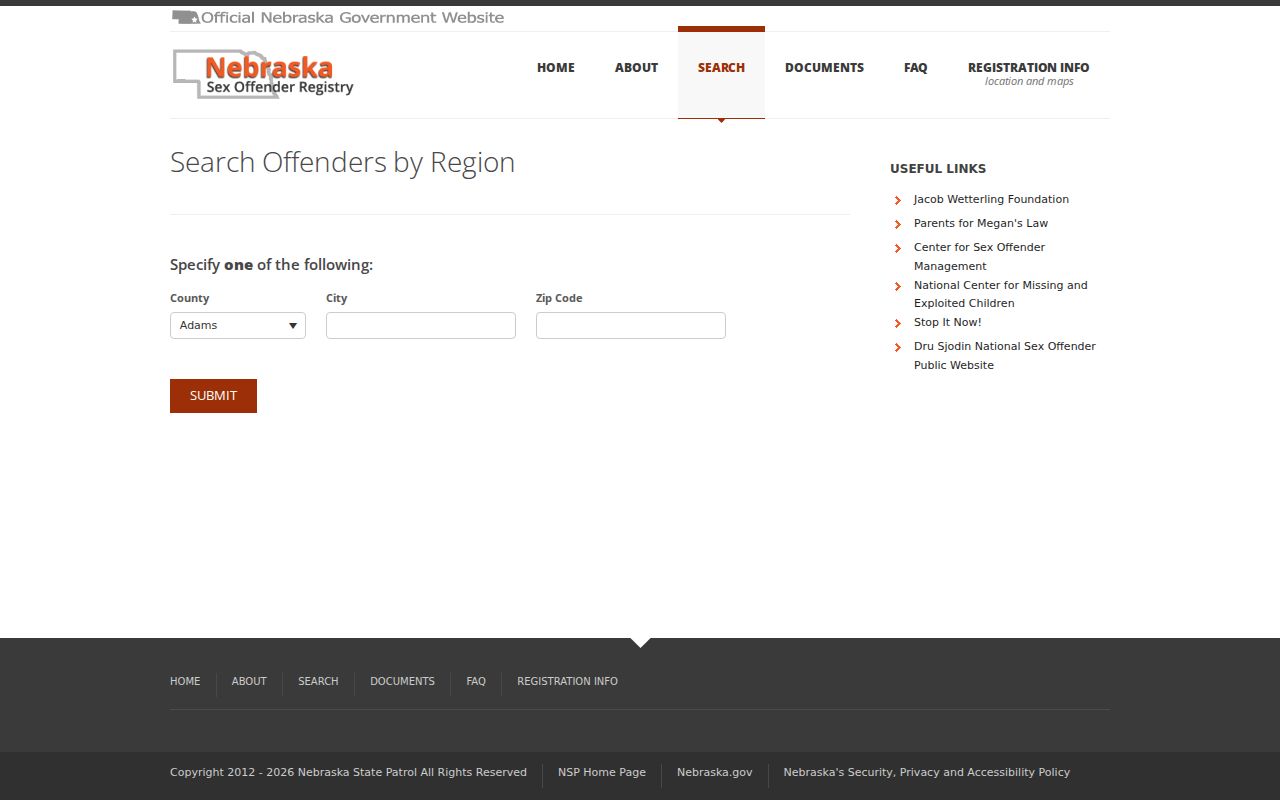Nebraska registry county and region search controls for Saline County