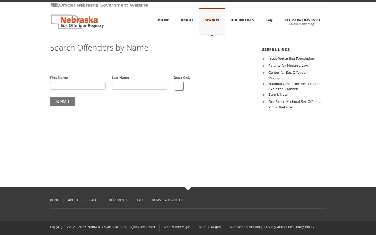 Nebraska Sex Offender Registry first and last name search fields