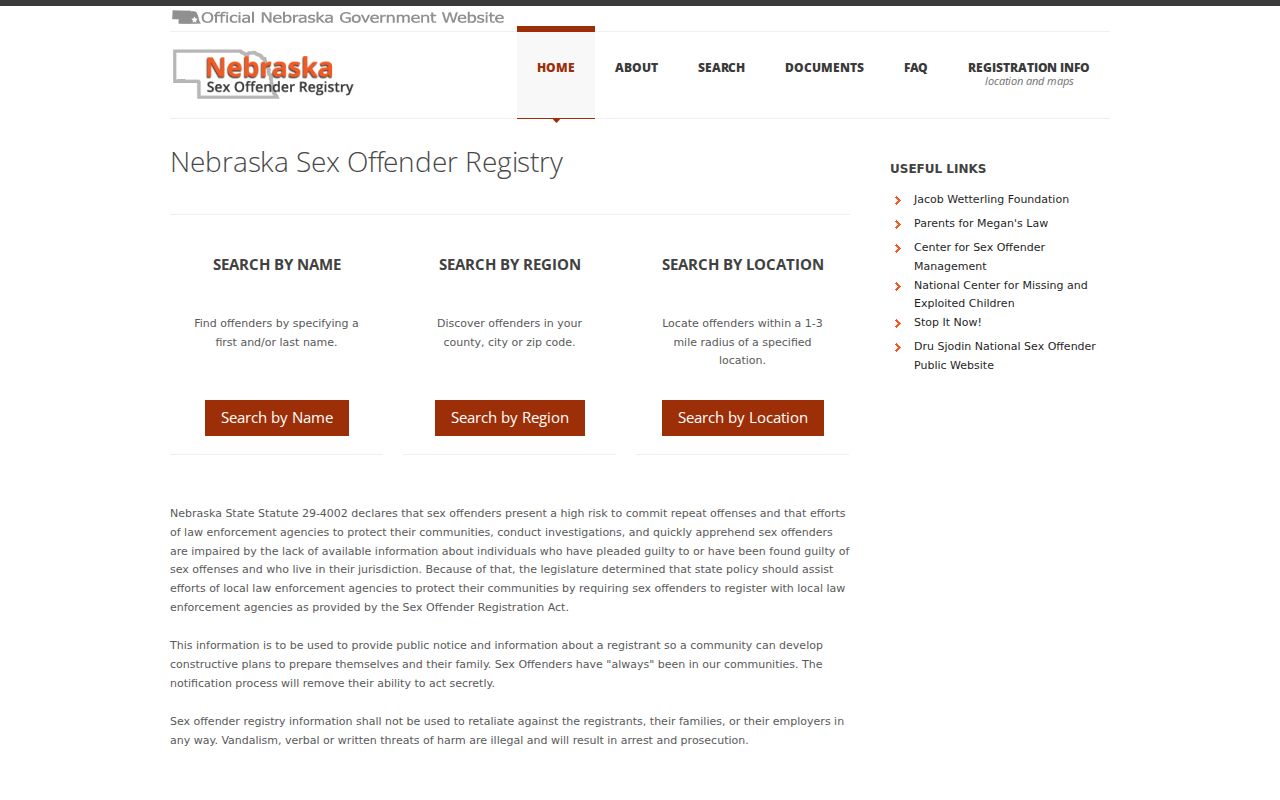 Nebraska Sex Offender Registry warnings and search navigation